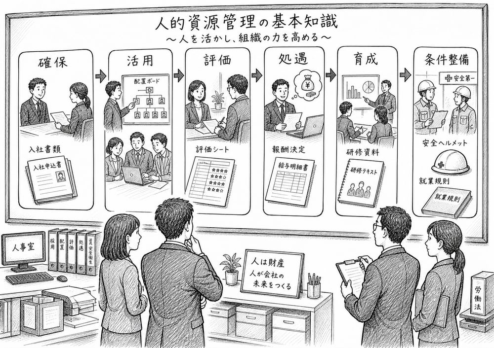 人的資源管理の確保、活用、評価、処遇、育成、条件整備の基本的な流れ