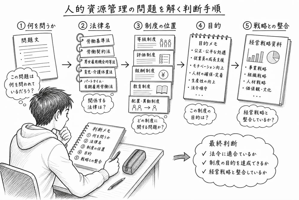 人的資源管理問題で問われている対象、法律名、制度の位置、目的、戦略との整合を確認する手順
