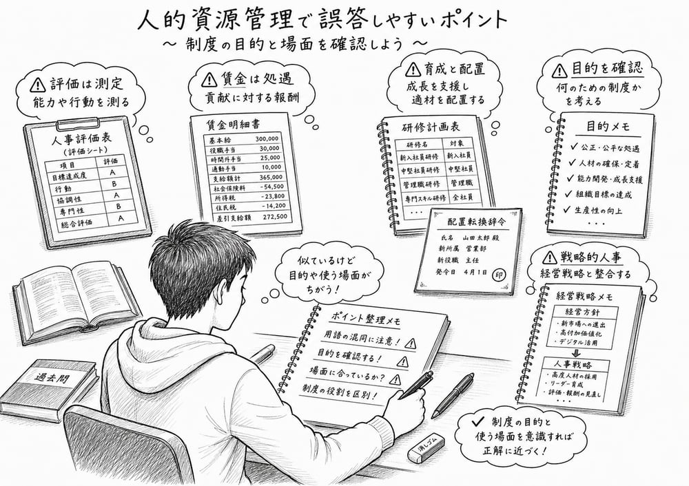 評価、賃金、育成、配置転換、戦略的人事を目的と場面で見分ける誤答防止の図解