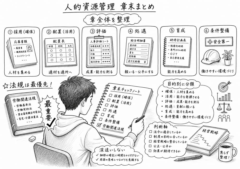 人的資源管理を章全体で整理し、法規最優先、目的別分類、深追いしない判断軸を確認する図解