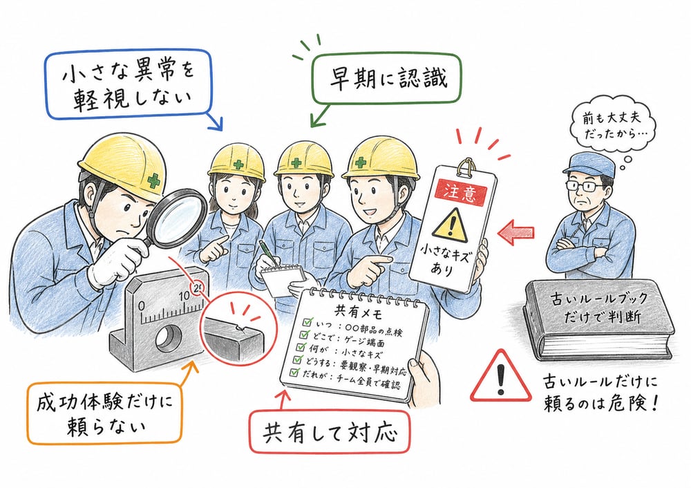 高信頼性組織が小さな異常を軽視せず早期に認識して共有対応する図解