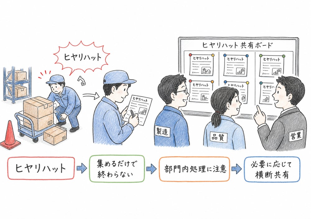 ヒヤリハットを部門内処理で終わらせず必要に応じて横断共有する図解