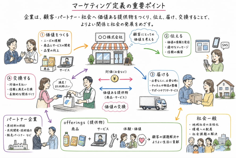 マーケティング定義の価値創造、伝達、提供、交換の全体像