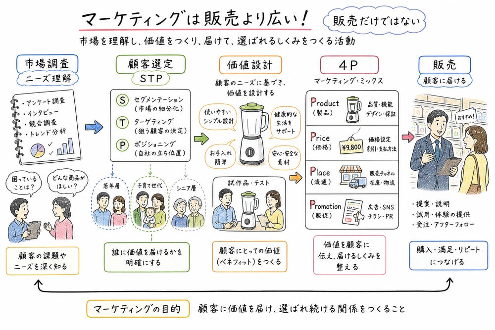 マーケティングが販売や広告より広い活動であること