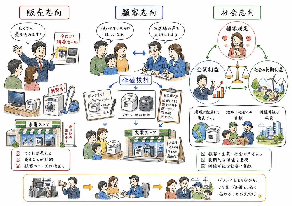マーケティング・コンセプトの販売志向・顧客志向・社会志向を比較する図解