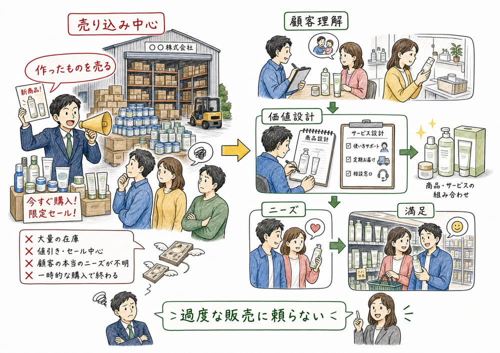 売り込み中心と顧客理解からの価値設計を比較する図解