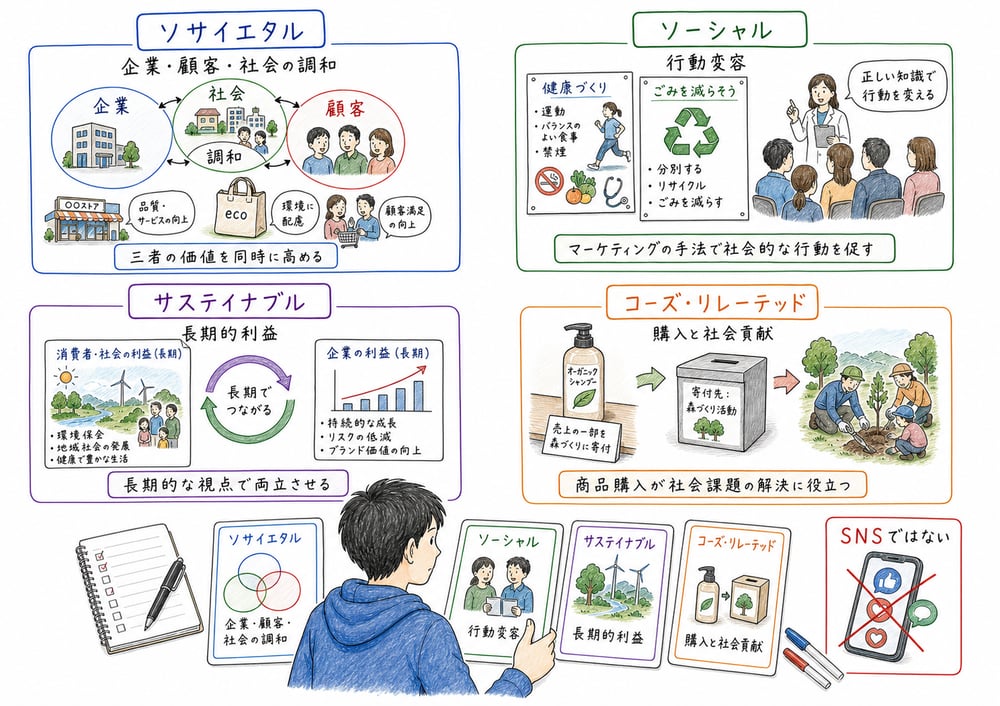 ソサイエタル・ソーシャル・サステイナブル・コーズリレーテッドを区別する図解
