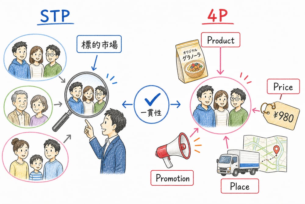STPで標的市場を選び、4PでProduct、Price、Place、Promotionを一貫させる図解