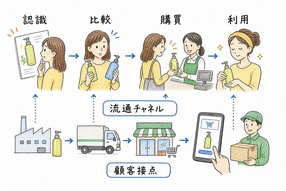 顧客の認識、比較、購買、利用と流通チャネル、顧客接点をつなげる図解