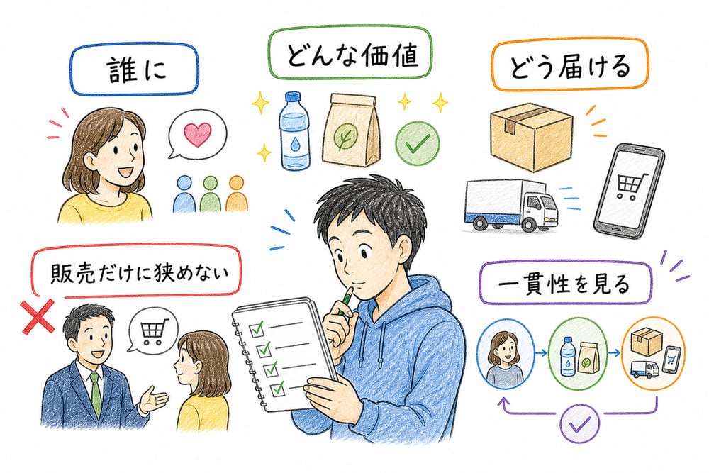 誰に、どんな価値を、どう届けるかを確認し、販売だけに狭めず一貫性を見る判断軸