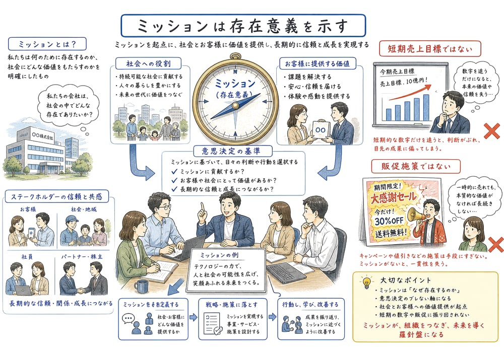 ミッションが存在意義や社会への役割であり短期施策ではないことを示す教材図