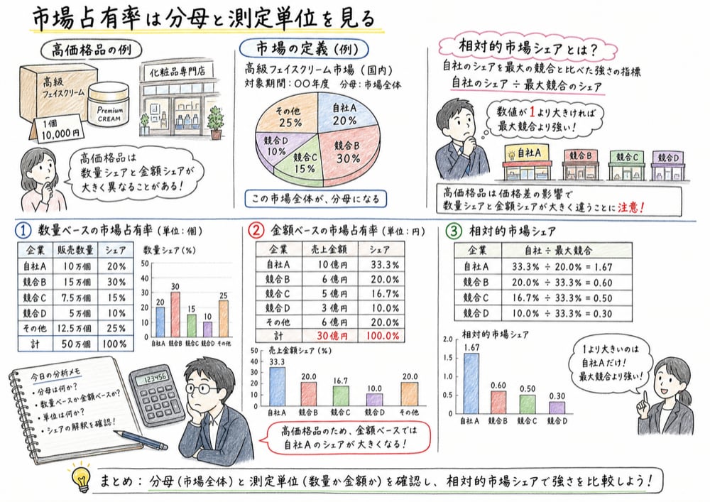 市場占有率で分母、数量ベース、金額ベース、相対的市場シェアを確認する教材図