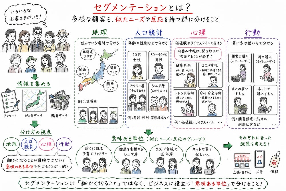 セグメンテーションの4つの変数で市場を分ける図