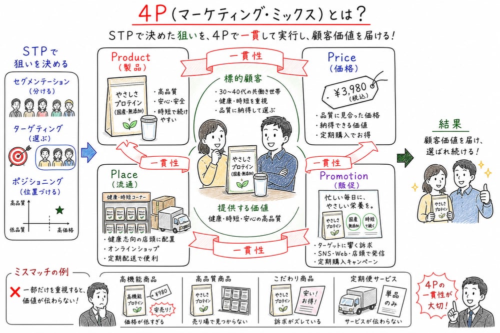 Product Price Place Promotionを一貫させる4Pの図