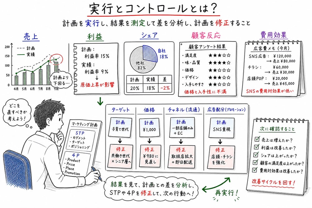 売上や顧客反応を見てマーケティング計画を修正する図