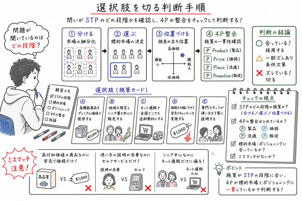 STPの段階と4P整合で選択肢を判定する図