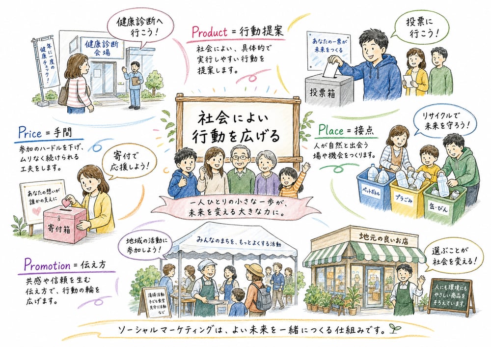 ソーシャルマーケティングを、健康、投票、環境配慮、寄付、地域参加などの行動変容へ広げる手書き風図解