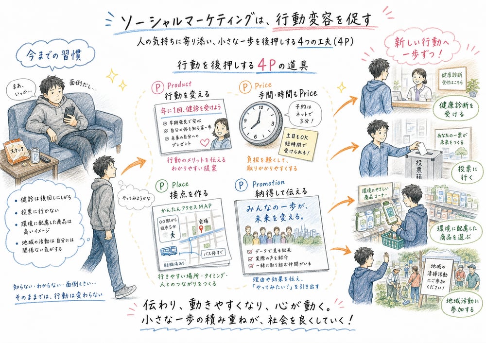 ソーシャルマーケティングの4Pを、行動提案、手間や心理的負担、接点、伝え方として整理した手書き風図解