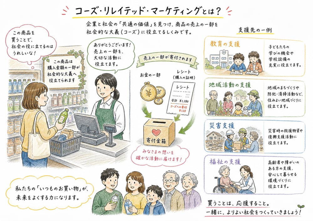 商品購入や売上の一部が教育、福祉、地域支援などの社会的大義へつながる仕組みを示した手書き風図解