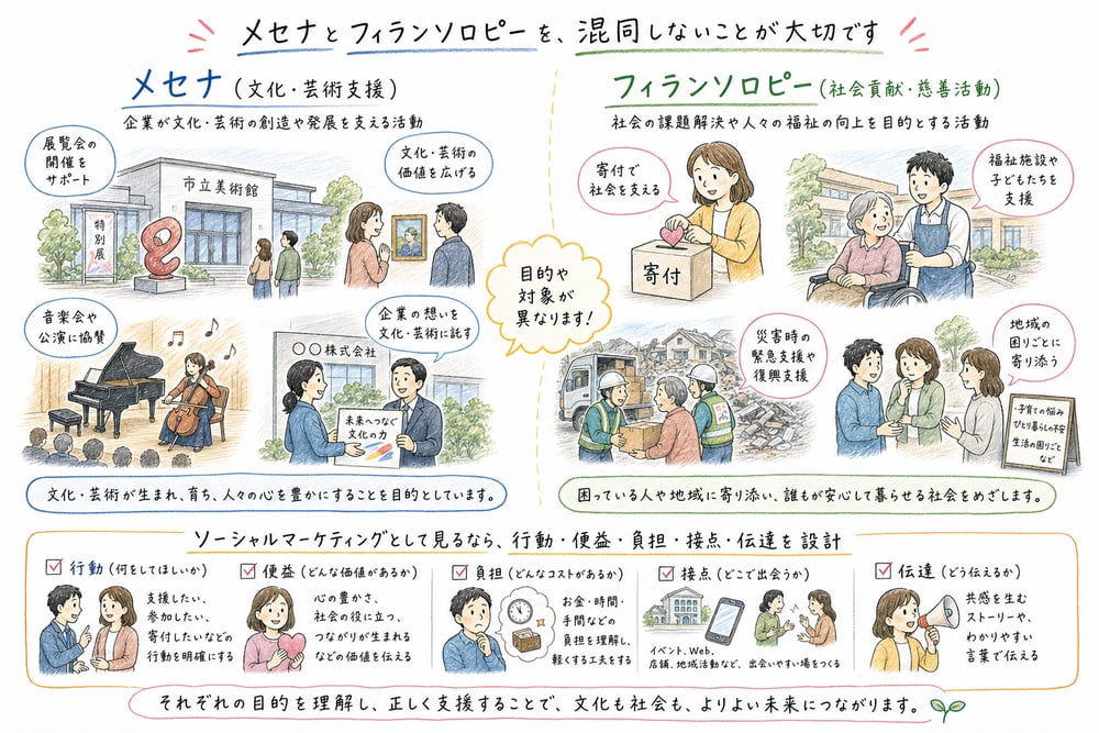 メセナを文化・芸術支援、フィランソロピーを慈善的社会貢献として区別する手書き風図解