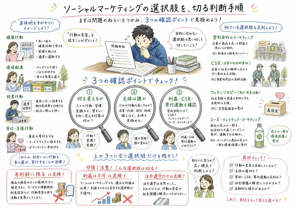 ソーシャルマーケティングの選択肢を、行動変容、主体、利益やCSR、寄付連動の有無で判断する手書き風図解