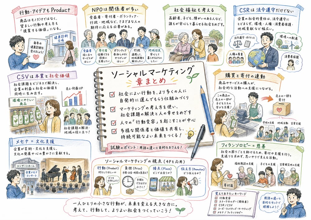 ソーシャルマーケティングの重要語を、Product、NPO、CSR、CSV、コーズ、メセナ、フィランソロピーで確認する手書き風図解