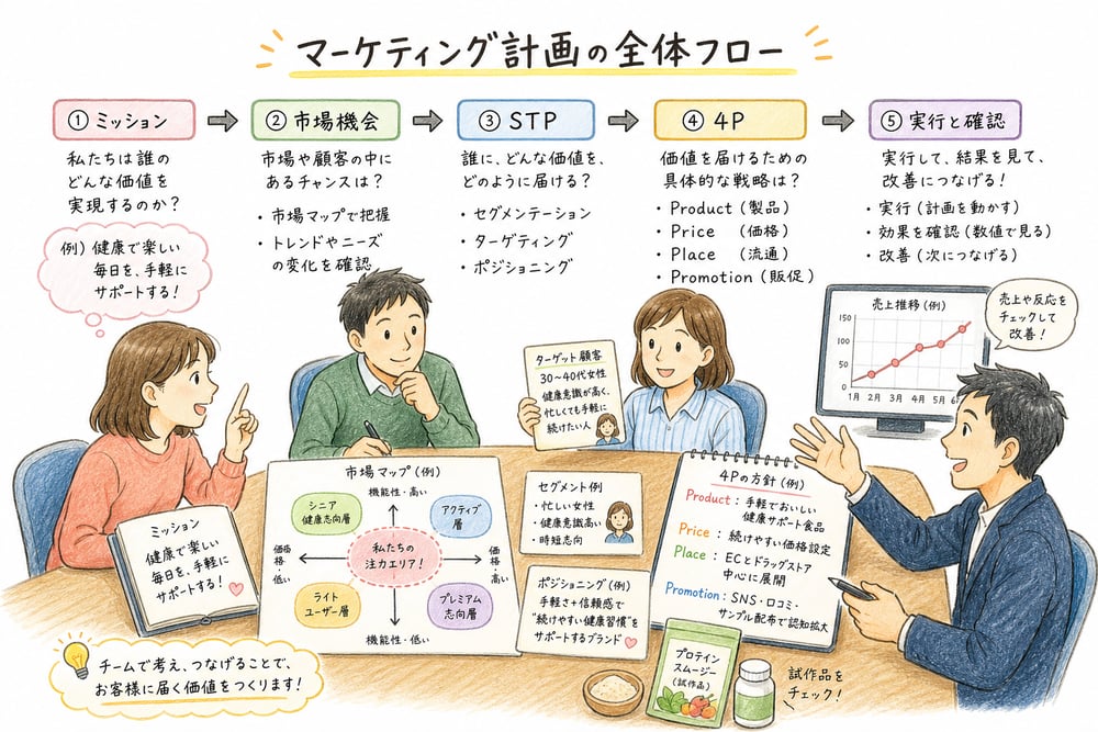ミッションから市場機会、STP、4P、実行と確認へ進むマーケティング計画の全体像