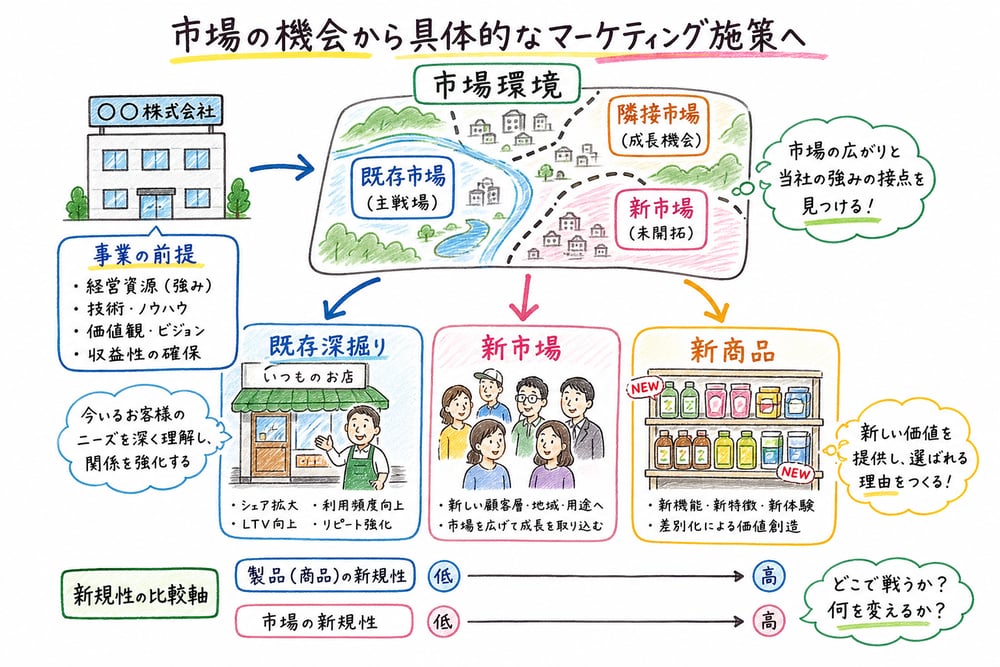 市場環境と既存顧客、新市場、新商品を見比べて具体策へ進む考え方