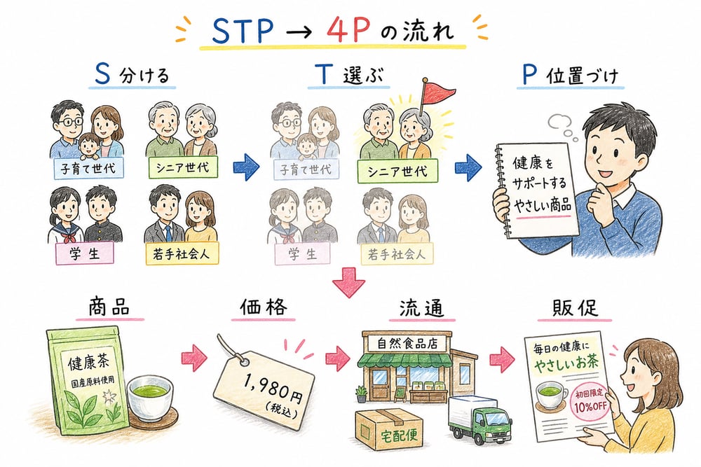 市場を分け、狙いを選び、位置づけを決めてから4Pを組み合わせる順序