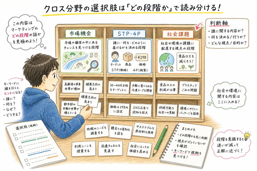 選択肢が市場機会、STPと4P、社会課題のどの段階を述べているかを仕分ける読み方