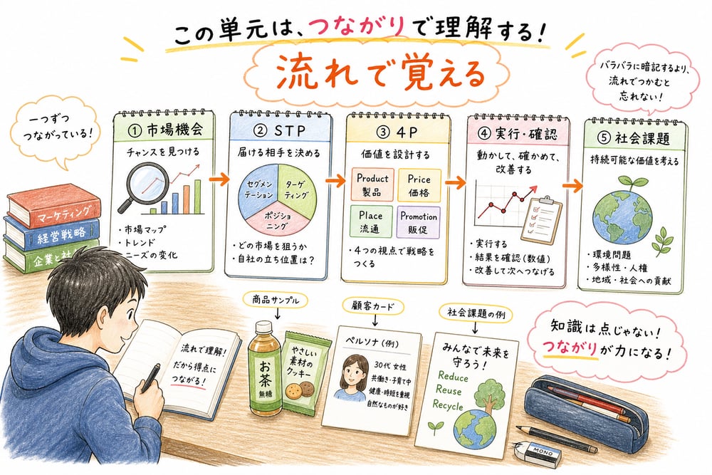 市場機会、STP、4P、実行と確認、社会課題を流れで接続して復習するまとめ