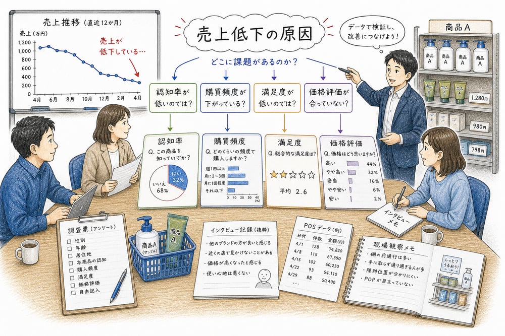 売上低下の原因を測定できる調査課題へ分解する図解
