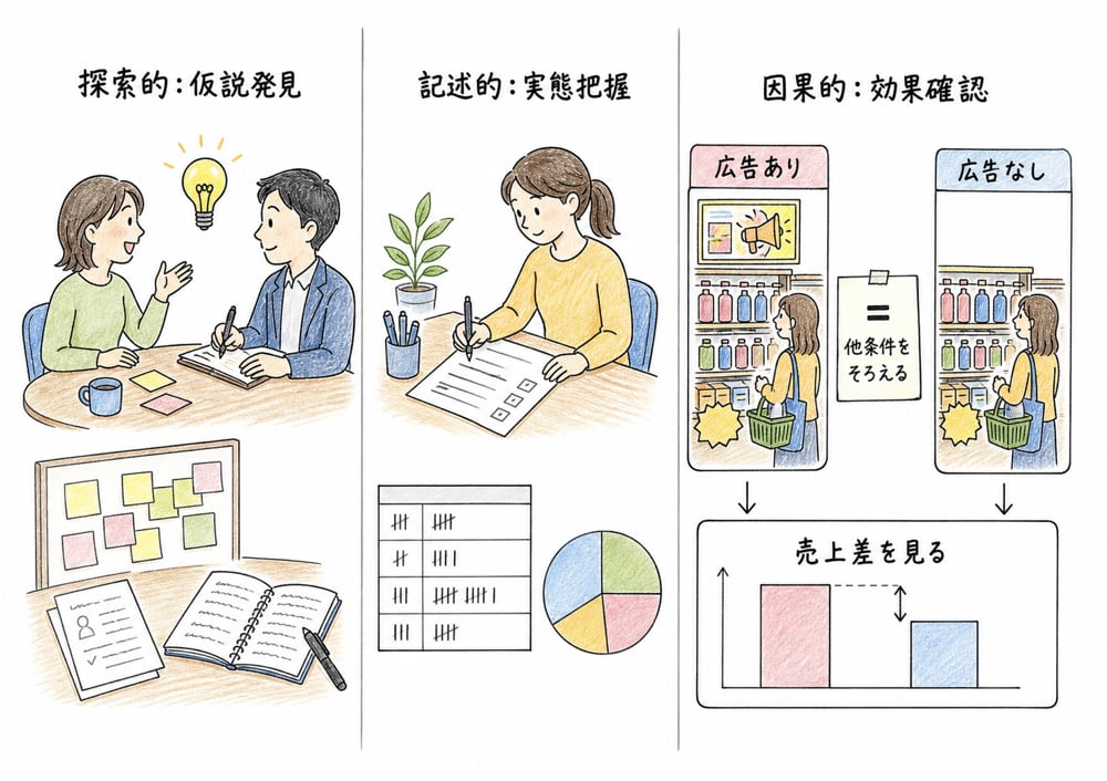 探索的調査、記述的調査、因果的調査を目的別に区別する図解