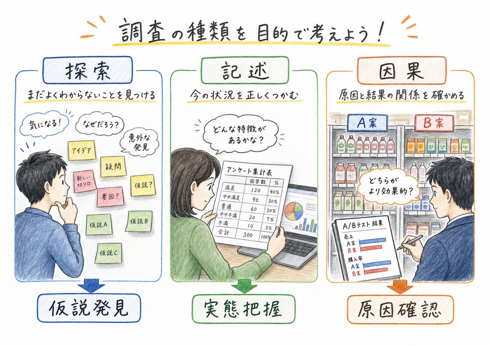 探索的調査、記述的調査、因果的調査を目的別に整理する図解