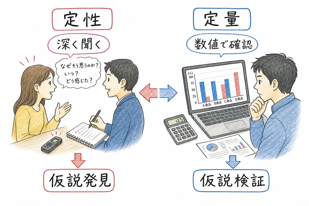 定性調査と定量調査の役割の違いを対比する図解