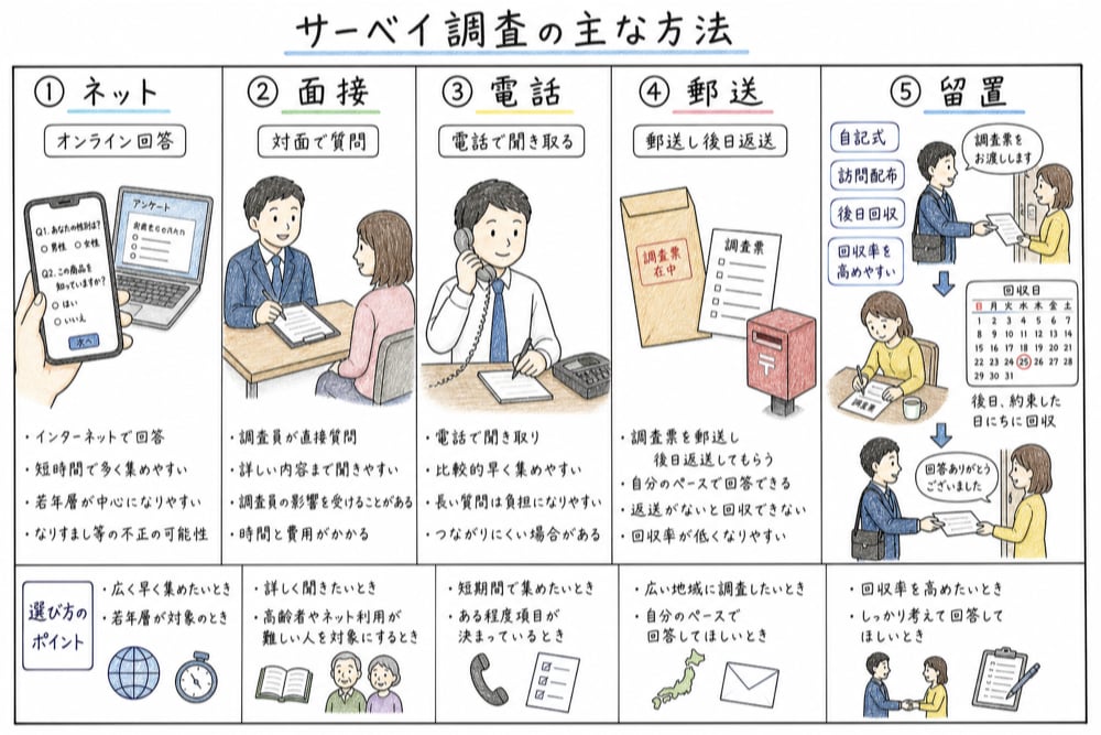 インターネット、面接、電話、郵送、留置調査の特徴を整理する図解