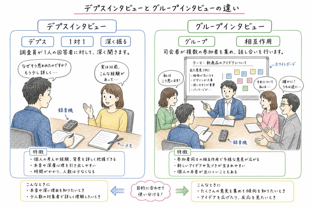 デプスインタビューとグループインタビューの違いを整理する図解