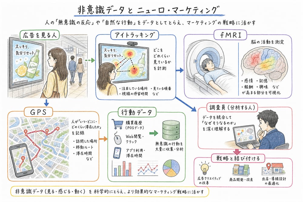 アイトラッキング、fMRI、GPSなどの非意識データを整理する図解