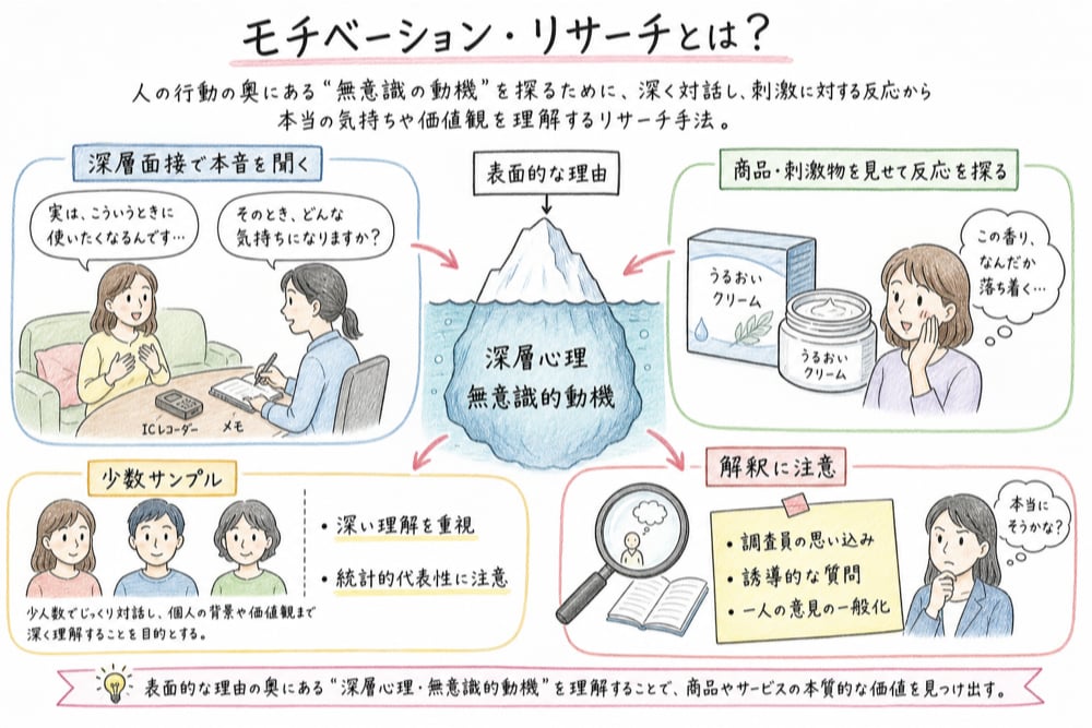 モチベーション・リサーチで深層心理と解釈上の注意を整理する図解