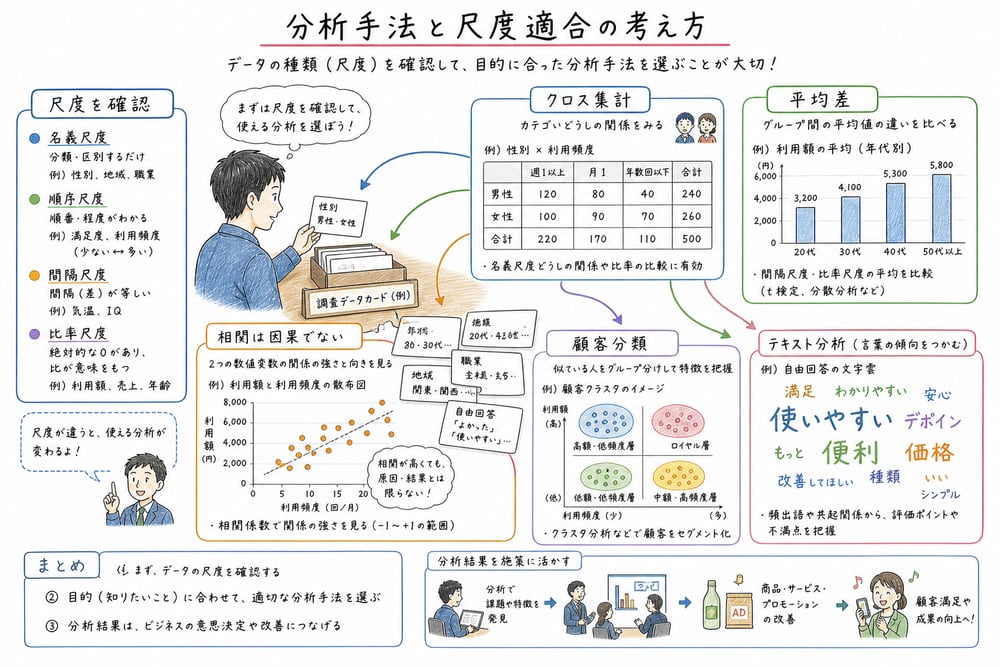 尺度と目的に合わせて分析手法を選ぶ考え方を整理する図解