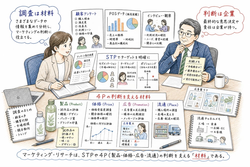 マーケティング・リサーチがSTPや4Pなどの判断材料になることを示す図解