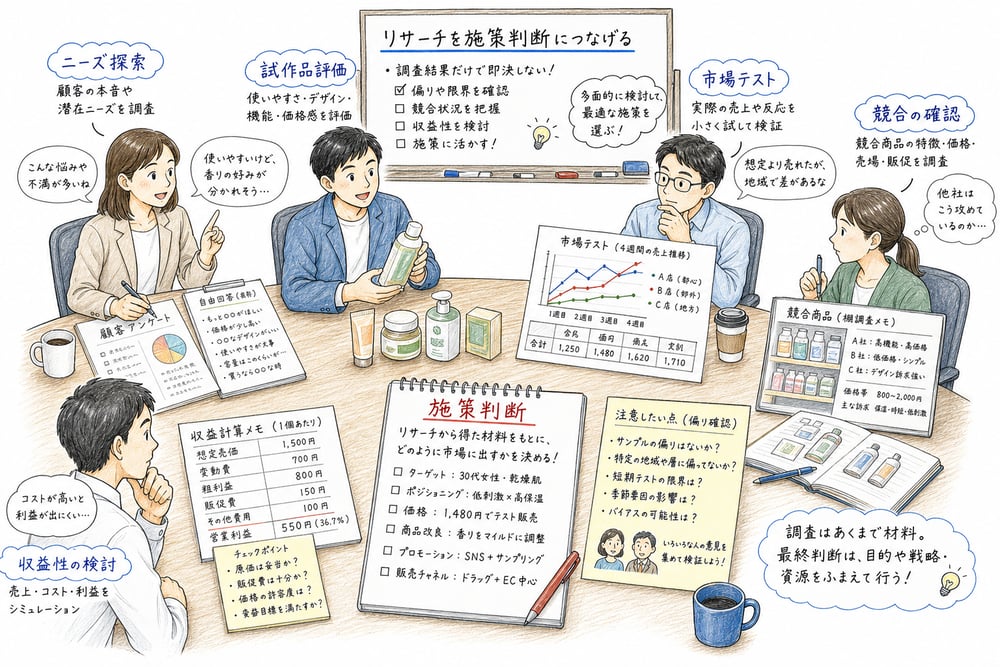 調査結果を偏りや収益性と合わせて施策判断につなげる図解