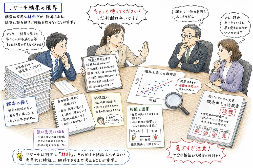標本の偏りや相関と因果の混同などリサーチ結果の限界を確認する図解