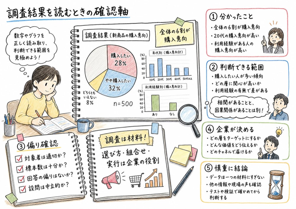 調査結果で分かったことと判断できる範囲を分けて確認する図解