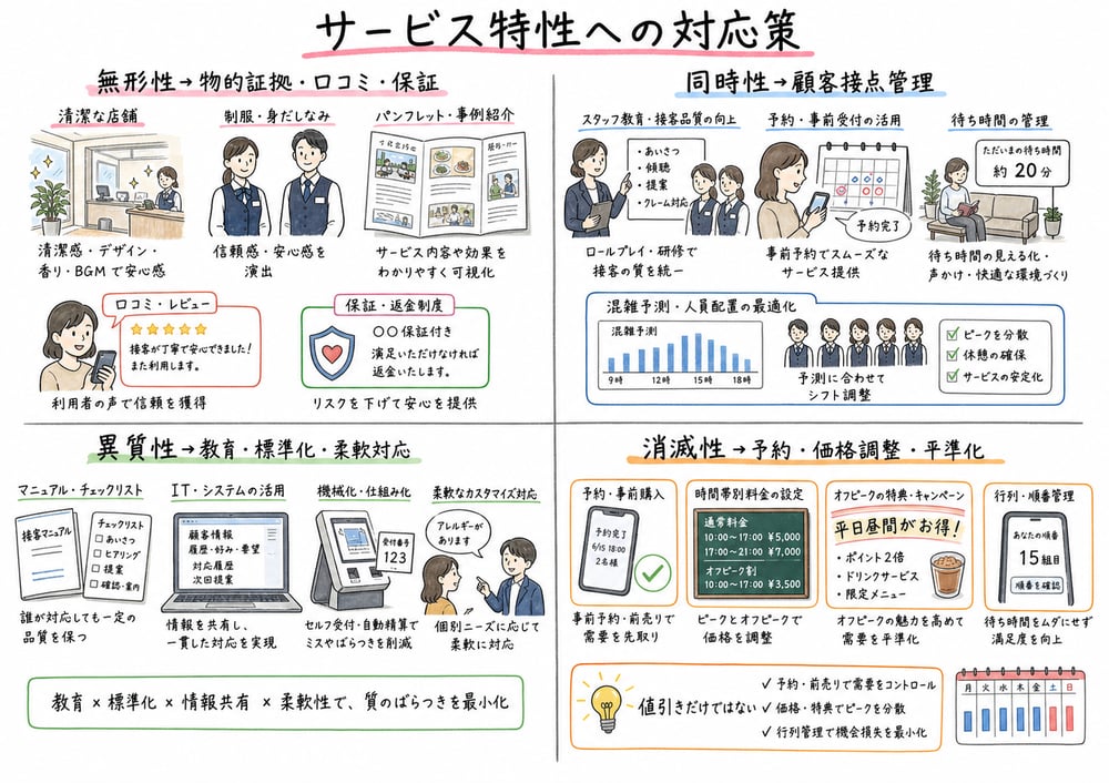 サービスの4特性に対応する物的証拠、顧客接点管理、標準化、需給管理を示す図解