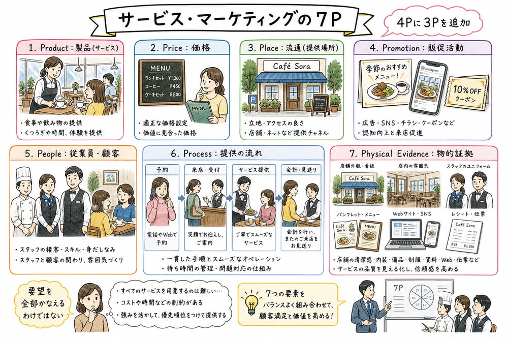 サービスマーケティングの7PとPeople、Process、Physical Evidenceを示す図解