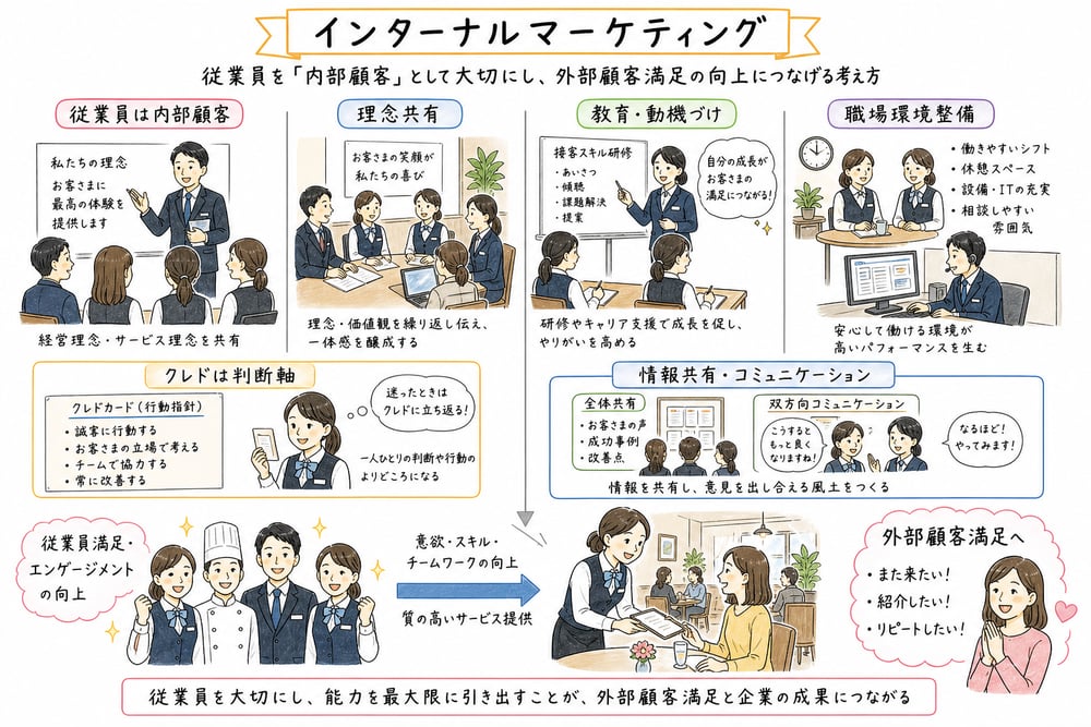 インターナルマーケティングで従業員を内部顧客として支援する流れを示す図解