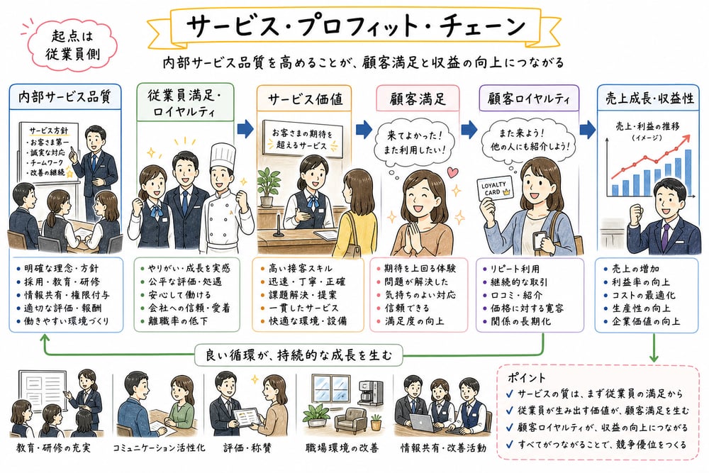 内部サービス品質から従業員満足、顧客満足、ロイヤルティ、収益へつながる流れを示す図解