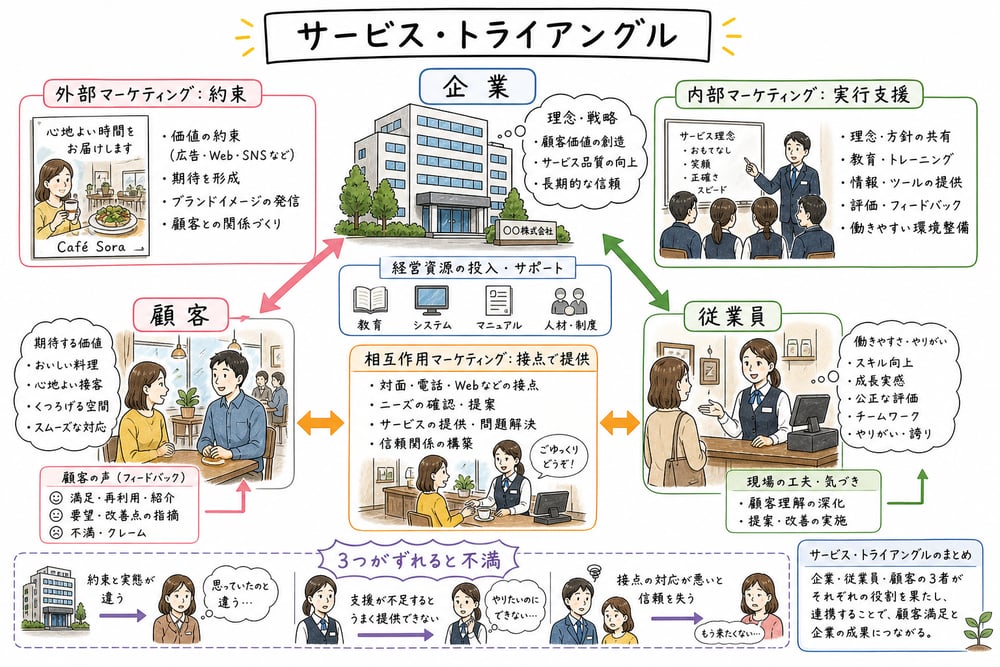 企業、従業員、顧客の3者関係と外部、内部、相互作用マーケティングを示す図解