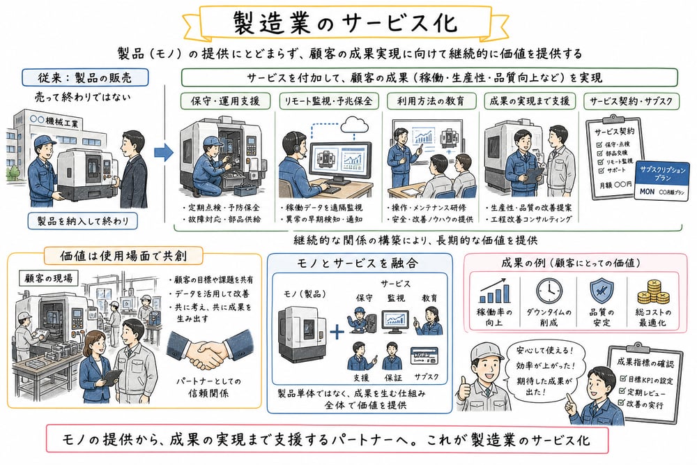 製造業のサービス化として保守、運用支援、使用価値の共創を示す図解